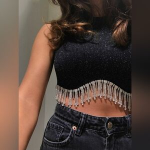 Zara Black Glitter Crop Top with Beaded Hem